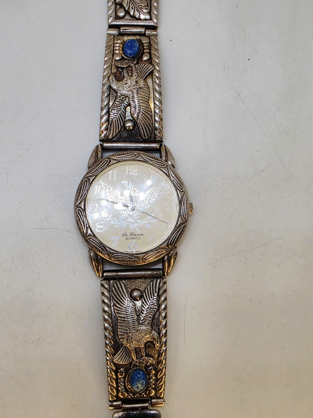Vtg Le Baron Mens Watch Eagle Quartz 1980's Southwest Etched Design Stone Cab